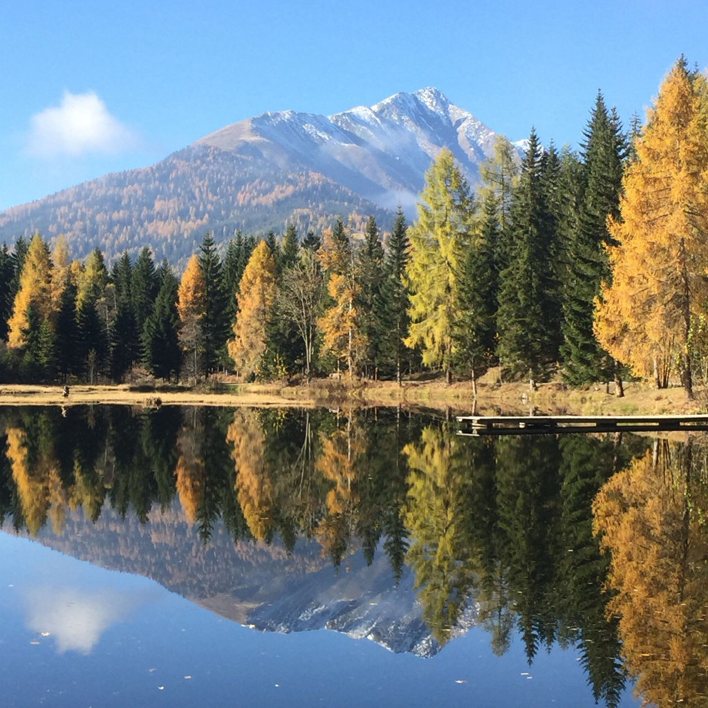 Berglandschaft mit herbstlichem Wald spiegelt sich im See